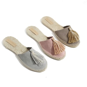 Flat suede leather espadrilles with boho chic tassels - Slipper model for women