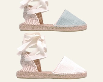 Espadrillas di lino piatte con doppi nastri, sandali di lino da donna, espadrillas di lino per comunione - Taglia dalla 24 alla 42