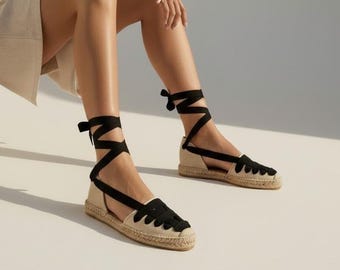 Platte espadrilles voor dames met linten – Beige espadrilles met enkelbandjes – Plusmaten tot en met maat 46 – Handgemaakte Spaanse espadrilles