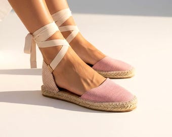 Women's Flat Espadrilles with Ribbons – Handmade Summer Shoes in Natural Jute - Plus Sizes 35 to 46