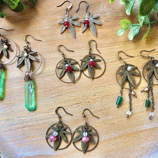 Cannabis Earrings, Pot Leaf Earrings, Weed Earrings, Green Quartz, Weed Leaf Earrings, marijuana earrings, Bronze, 420 Gifts