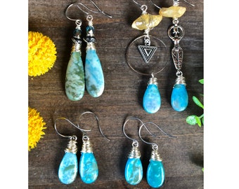 Turquoise Jasper Earrings, Ocean Jasper, Silver Wirewrapped Teardrop Earrings, Goddess Quartz Hoop Earrings, Blue Earrings, Jasper Earrings