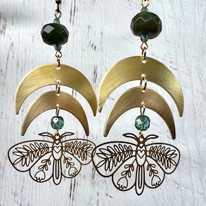 Gold Celestial Moth Dangle Earrings, Long Gemstone Boho Earrings, Moon Moth Dangles, Jasper Earrings