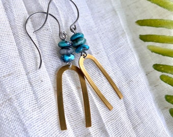 Turquoise Earrings, Geometric Earrings, Natural Turquoise Earrings, Brass Dangles, Lightweight Earrings, Gold Turquoise Earrings,