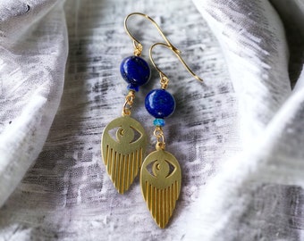 Gold Evil Eye Earrings, Evil Eye Dangles, Lapis Lazuli Earrings, Blue Stone Evil Eye, Brass Charms, Gifts for Her, Boho Evil Eye Dangles