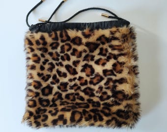 Spotted Faux Fur Drawstring Bag: Black Evening Purse