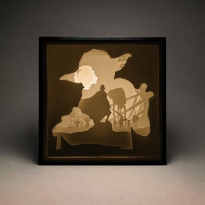 Boîte lumineuse Star Wars en papier découpé, Shadow Box, SVG, modèle 3D découpé en papier, numérique, Cricut, Silhouette, décoration murale, bricolage, Dark Vador, Yoda