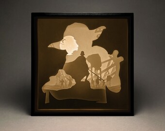Boîte lumineuse Star Wars en papier découpé, Shadow Box, SVG, modèle 3D découpé en papier, numérique, Cricut, Silhouette, décoration murale, bricolage, Dark Vador, Yoda