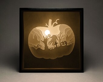 Modèle de papier découpé Lightbox citrouille tête : Halloween Shadow Box SVG (téléchargement numérique)