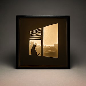 Gato en la caja de luz de corte de papel de ventana, caja de sombras, SVG, plantilla, digital, cricut, silueta, habitación para niños, decoración del hogar, bricolaje