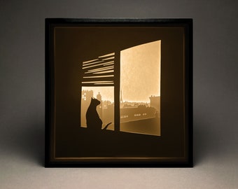Modèle de boîte à lumière en papier découpé Chat dans la fenêtre : boîte d'ombre à faire soi-même (téléchargement numérique)