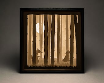 Boîte lumineuse en papier découpé du petit chaperon rouge : modèle SVG Contes de Grimm (téléchargement numérique)