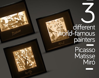 Picasso, Miro, Matisse Shadow Box : Boîte lumineuse 3D découpée dans du papier (SVG, PDF)