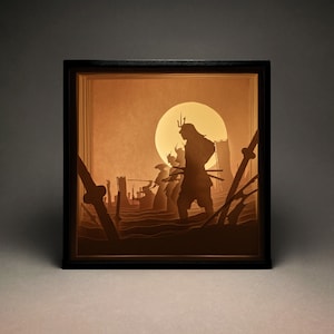 Wild East, Guerriero Samurai, Modello di scatola luminosa con taglio di carta, Scatola delle ombre, Modello di taglio di carta 3D, SVG, Digitale, Taglio Cricut, Silhouette, Fai da te