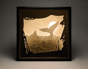 Modèle de boîte à lumière en papier découpé Moby Dick : boîte à ombres DIY (téléchargement numérique)