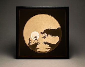 Boîte lumineuse en papier découpé Three Brothers : Wizards vs Dragon, modèle 3D SVG (téléchargement numérique)