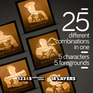 Combo Street Fighter Paper Cut LightBox, Shadow Box, SVG, modello di taglio della carta 3D, Cricut, Silhouette, decorazione da parete, 25 scene in 1, pacchetto