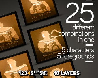 Peut inclure: Quatre images encadrées d'un personnage de jeu vidéo, Street Fighter, avec différentes poses et arrière-plans. Les images sont superposées et comportent un total de 18 couches. Le texte "Street Fighter" est écrit sur chaque image. Le texte "25 combinaisons différentes en une" est écrit au-dessus des images. Le texte "5 personnages 5 premiers plans 18 couches" est écrit en dessous des images.