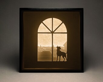 Boîte lumineuse en papier découpé Chien dans la fenêtre, boîte à ombres, SVG, modèle, numérique, Cricut, Silhouette, chambre d'enfant, décoration d'intérieur, bricolage