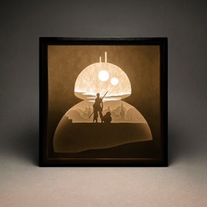 Star Wars Paper Cut Lightbox, Shadow Box, SVG, modèle 3D en papier découpé, numérique, Cricut, Silhouette, décoration murale, décoration d'intérieur, bricolage, Rey & Droid