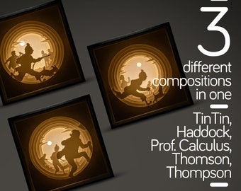 TinTin Shadow Box LightBox: 3-Scene Paper Cut Diorama (Digital SVG)