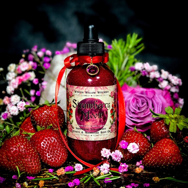 Strawberry Moon, Perfumed Goddess Body Oil Shimmer With Strawberry Quartz And Moonstones, Self Care, Summer Witch Indulgence