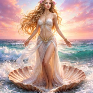 Puede incluir: Ilustraci&oacute;n digital de una mujer con cabello rubio largo, vestida con un vestido blanco y una corona de flores, de pie en una concha en el oc&eacute;ano. El fondo presenta una puesta de sol con tonos rosados y anaranjados.