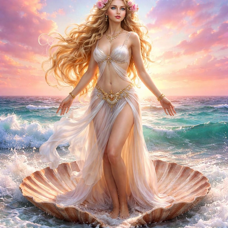 Puede incluir: Ilustraci&oacute;n digital de una mujer con cabello rubio largo, vestida con un vestido blanco y una corona de flores, de pie en una concha en el oc&eacute;ano. El fondo presenta una puesta de sol con tonos rosados y anaranjados.