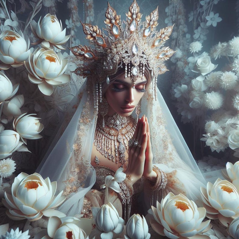May include: A woman wearing a white veil and a gold and pearl crown with a jeweled forehead piece. She is surrounded by white lotus flowers and has her hands clasped in prayer.