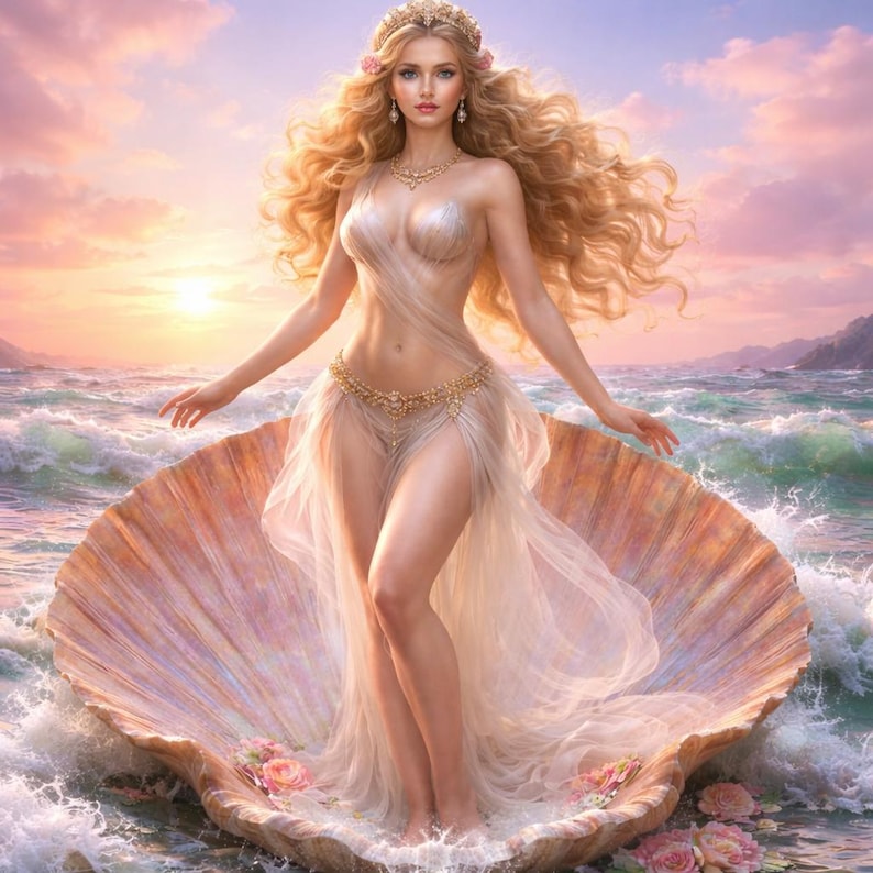 Puede incluir: Ilustraci&oacute;n digital de una mujer de pie en una gran concha en el oc&eacute;ano. Lleva un vestido blanco transparente y una corona dorada. El fondo presenta una puesta de sol sobre el agua, con olas y tonos rosas y naranjas.
