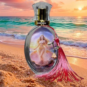 Puede incluir: Frasco de perfume ovalado con cuerpo de vidrio transparente y tap&oacute;n dorado. El frasco presenta una imagen de una mujer en una concha. Una borla rosa y una rosa decorativa acent&uacute;an el frasco. El fondo muestra una escena de playa con una puesta de sol.