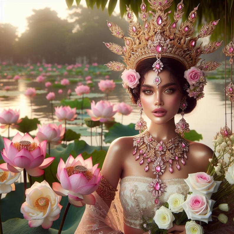 May include: A woman wearing a pink and gold crown with pink flowers and a pink and gold necklace. She is surrounded by pink lotus flowers.