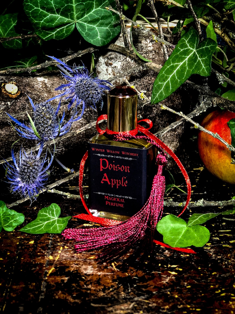 May include: A small bottle of perfume with a red tassel and a black label that reads "Wynter Willow Witchery Poison Apple Magical Perfume". The bottle is sitting on a wooden surface with green leaves and a red apple.