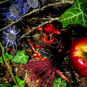 May include: A dark red glass bottle with a red tassel and a red jewel-toned stopper. The bottle is sitting on a wooden surface with green leaves and a red apple.