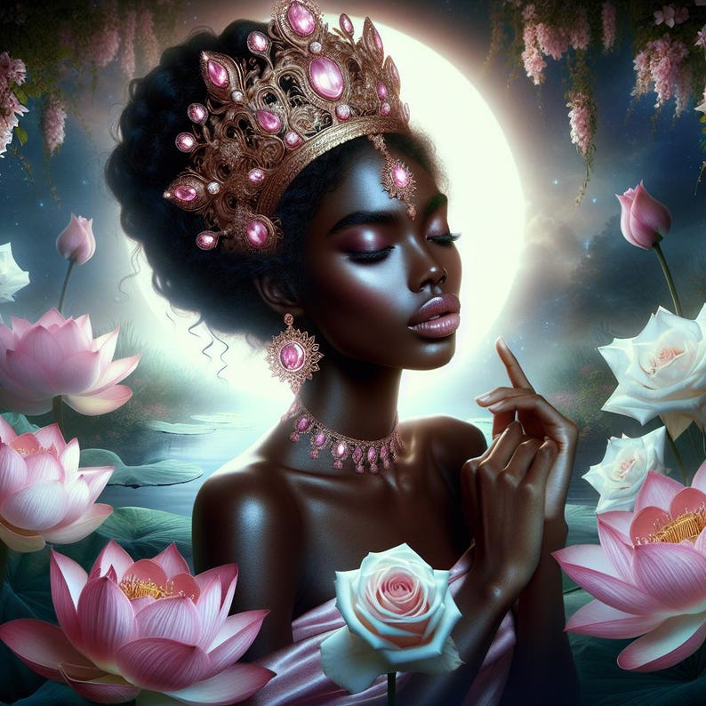 May include: A woman with dark skin wearing a gold crown with pink jewels and a pink and gold necklace. She has her eyes closed and is surrounded by pink lotus flowers and white roses.