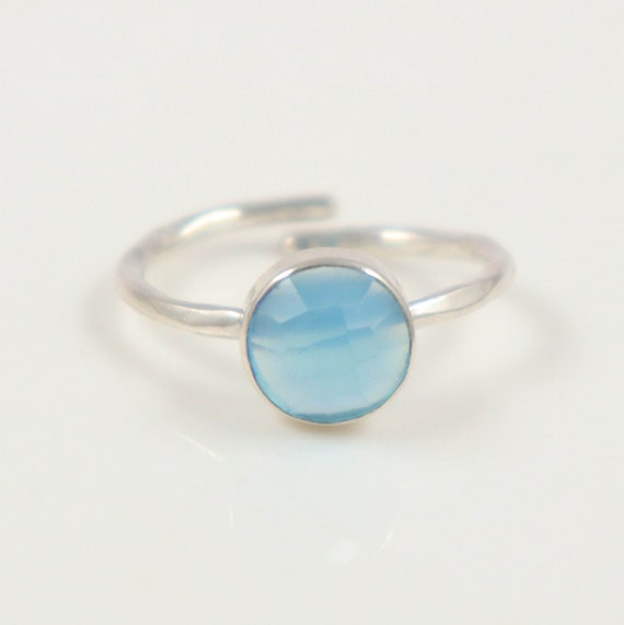 Bague En Argent 925 Avec Agate Bleue Naturelle - Taille Ajustable, Pierre Calcédoine, 9.78g, NEUVE