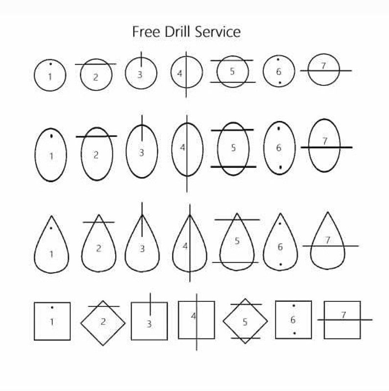 May include: A diagram showing different drill bit positions for various shapes, including circles, ovals, teardrops, and squares. The diagram is labelled with numbers 1 through 7, indicating the different drill bit positions.