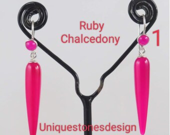 Handmade Sterling Silver Dangle Earrings: Ruby Chalcedony Teardrop