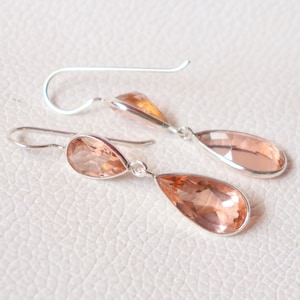 Peach Morganite quartz, 12X8 mm 18X9 mm Pear Cut 92.5 Sterling Silver Earrings Morganite quartz Earrings Jewelry Handmade Items Gift For Her