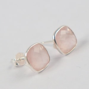 Rose Quartz 92.5 Sterling Silver 1 Pair Stud Rose quartz 8x8 mm Cushion Stud Earring Jewellery Handmade Items Gift For Her