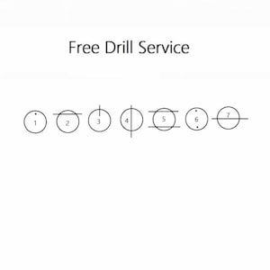May include: Diagram showing seven different ways to drill a hole. The diagram shows a circle with a dot in the center, a circle with a horizontal line through the center, a circle with a vertical line through the center, a circle with a vertical and horizontal line through the center, a circle with two horizontal lines through the center, a circle with a dot in the center, and a circle with a horizontal line through the center.