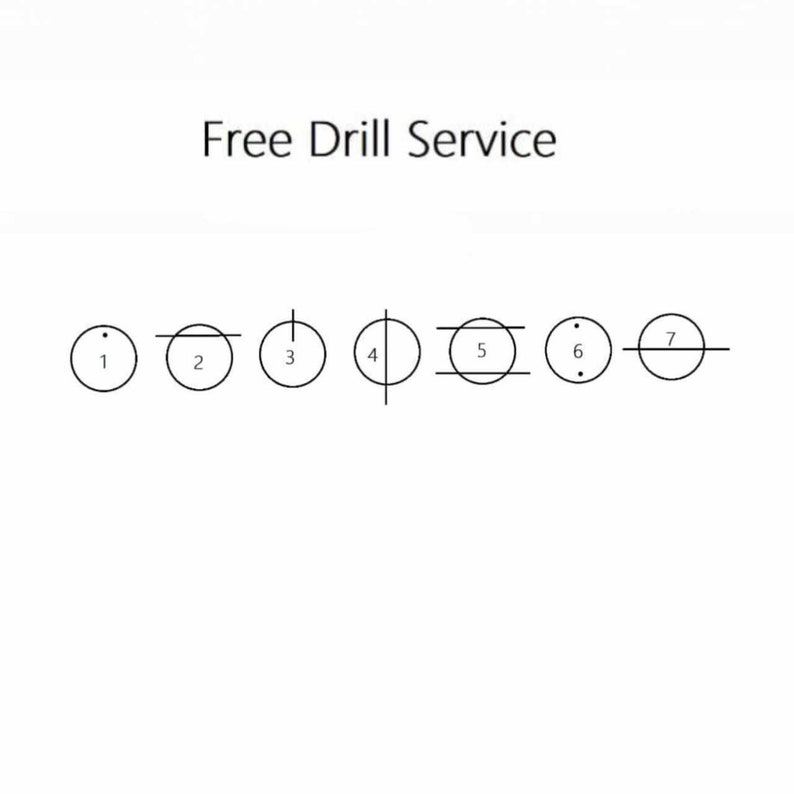May include: Diagram showing seven different ways to drill a hole. The diagram shows a circle with a dot in the center, a circle with a horizontal line through the center, a circle with a vertical line through the center, a circle with a vertical and horizontal line through the center, a circle with two horizontal lines through the center, a circle with a dot in the center, and a circle with a horizontal line through the center.