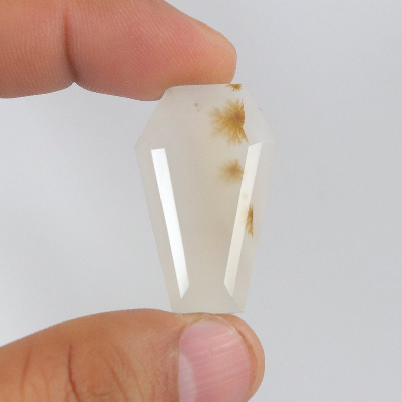 Op de afbeelding: Witte agaat cabochon met bruine dendritische insluitsels, gesneden in een kistvorm.