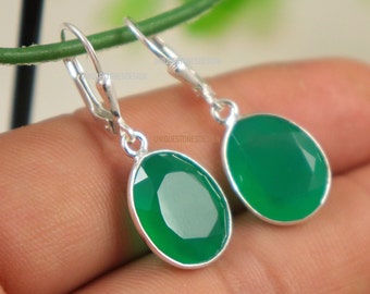 Elegantjewels 1 Pair Green Onyx Faceted Sterling Silver Earring,Handmade 10x8mm Unique Cubic Zircon Earring 