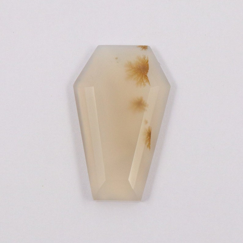 Op de afbeelding: Een witte en bruine agaat cabochon met een kistvorm. De steen heeft een witte achtergrond met bruine dendritische patronen.