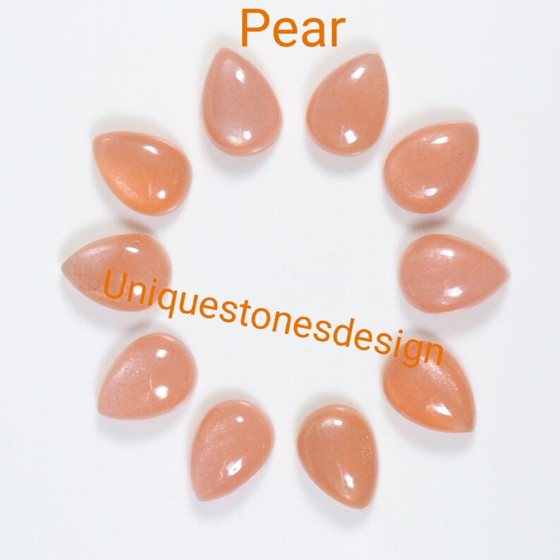 May include: Ten pear-shaped, light orange sunstone cabochons. The stones are arranged in a circle on a white background. The text "Pear" is at the top of the image and "Uniquestonesdesign" is at the bottom.