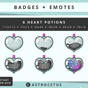 Op de afbeelding: Zes hartvormige flesjes met verschillende gekleurde vloeistoffen. De flesjes zijn in verschillende maten, variërend van 112x112 pixels tot 18x18 pixels. De tekst "6 HEART POTIONS" staat bovenaan de afbeelding.