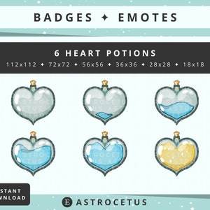 Op de afbeelding: Zes hartvormige flesjes in verschillende maten. De flesjes zijn gevuld met blauwe en gele vloeistof. De flesjes zijn gelabeld met de tekst "6 HEART POTIONS" en de maten "112x112", "72x72", "56x56", "36x36", "28x28" en "18x18".