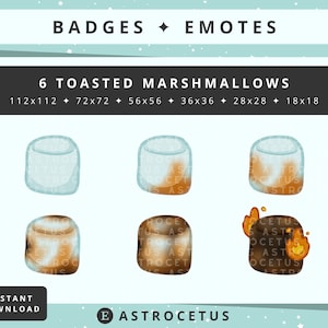 May include: Six digital illustrations of toasted marshmallows in various stages of browning. The illustrations are in a cartoon style and are arranged in a grid. The text "6 TOASTED MARSHMALLOWS" is above the illustrations. The text "112x112 72x72 56x56 36x36 28x28 18x18" is below the illustrations.