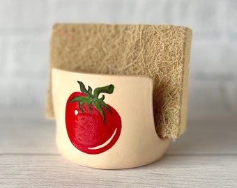 Ceramic tomato sponge holder Cottagecore decor Handpainted red tomato napkin holder